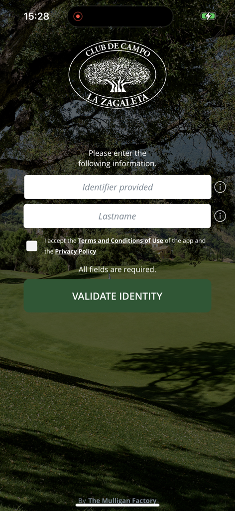 Club de Campo La Zagaleta - Pantalla de validación de identidad del socio para la aplicación Club de Campo La Zagaleta