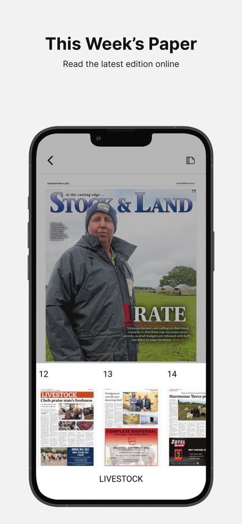 Stock & Land: News & Livestock - Smartphone screen displaying the digital edition of Stock and Land agricultural newspaper.