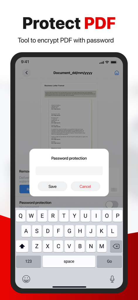 PDF Converter -Document Editor - Mobile app interface showing how to encrypt a PDF document with a password