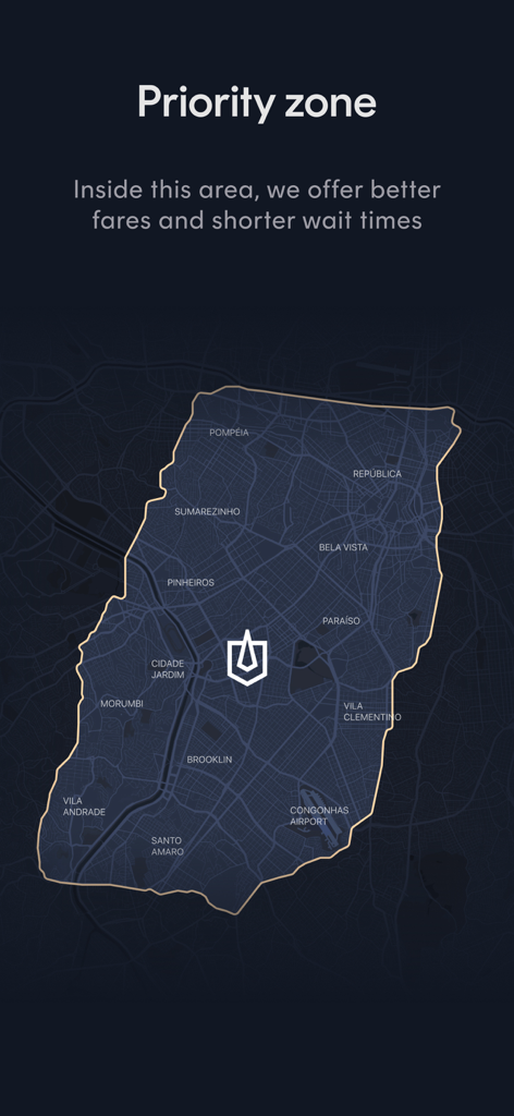 Rhino: Premium armored rides - Mapa de São Paulo mostrando a zona prioritária da Rhino para viagens blindadas com tempos de espera menores