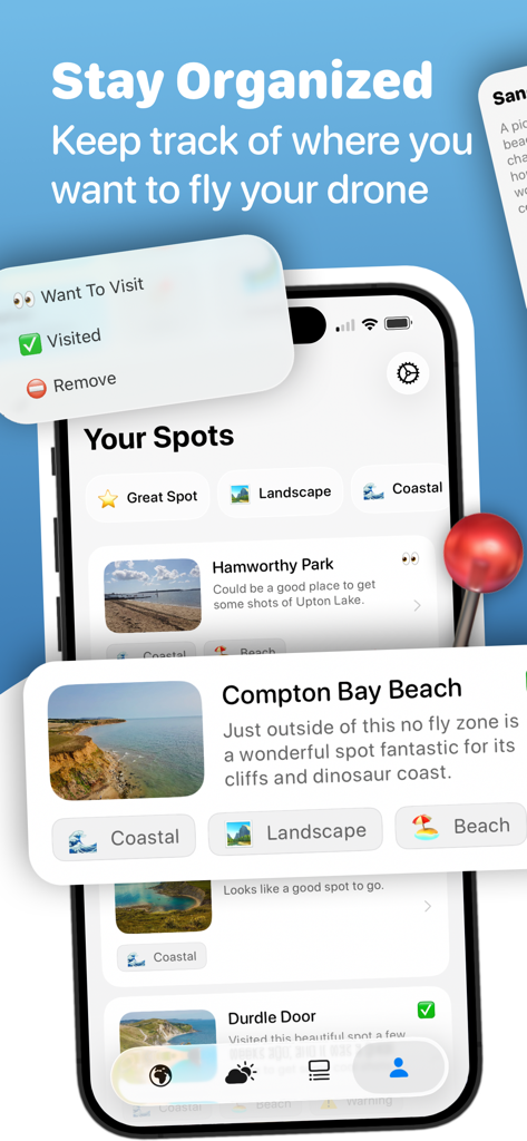 Interfaccia dell'app Drone Map per organizzare gli spot di volo con etichette di stato e foto della località