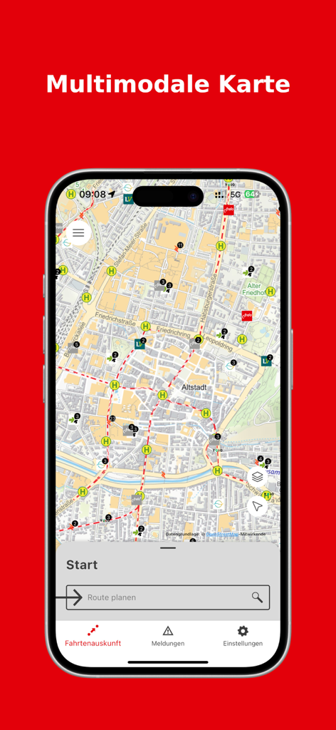 VAG mobil mobile app interface showing a multimodal transit map of Freiburg with station icons and a route planning search bar