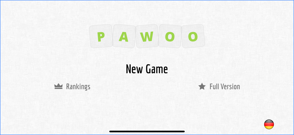 pawoo - The Word Puzzle - Main menu of the pawoo word puzzle game showing the title in letter tiles and a new game button