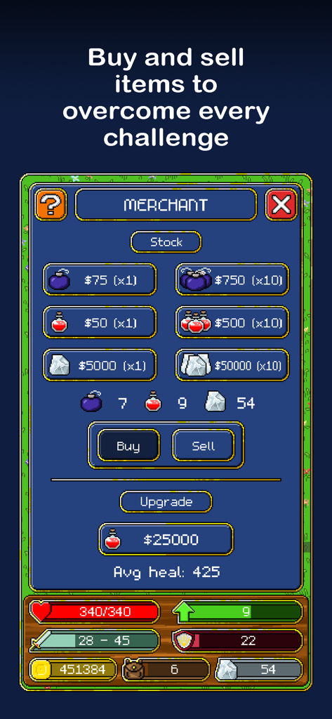 Tap Knight - Idle Adventure - Pantalla del mercader del juego Tap Knight mostrando un menú de tienda para comprar y vender artículos de arte pixelado como pociones y bombas.