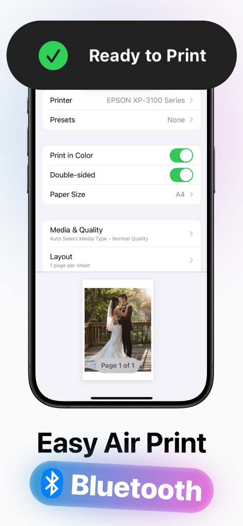Photo Printer - Print to Size - Interfaz de la aplicación móvil que muestra la configuración de AirPrint para una impresora Epson.