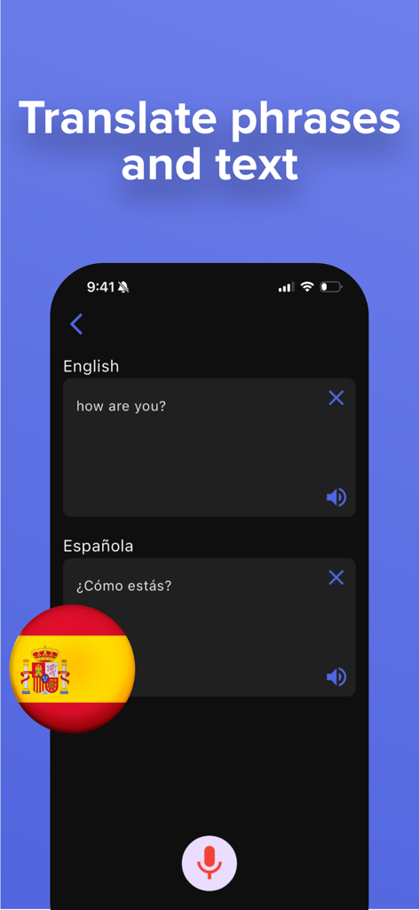 Translate AI - Live Translator - Interface de aplicativo móvel mostrando tradução de texto de inglês para espanhol