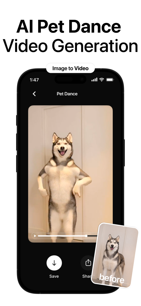 Reelify: AI Video Generation - Interfaz de la aplicación móvil mostrando una comparación de antes y después de una foto estática de un perro transformada en un vídeo de mascota bailando generado por IA.