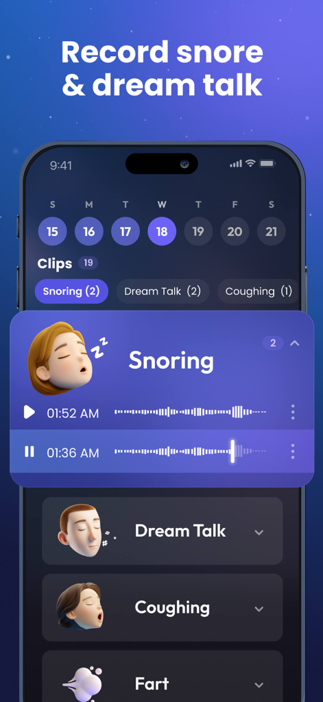 Sleep Tracker: Recorder, Sound - Interface do aplicativo Sleep Tracker exibindo clipes gravados de ronco e fala durante o sono com timestamps