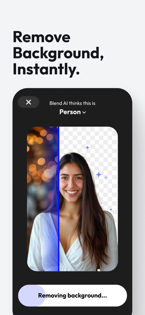 Blend: AI Models Logos Videos - A split screen demonstration of the Blend AI app removing the background from a portrait of a smiling woman