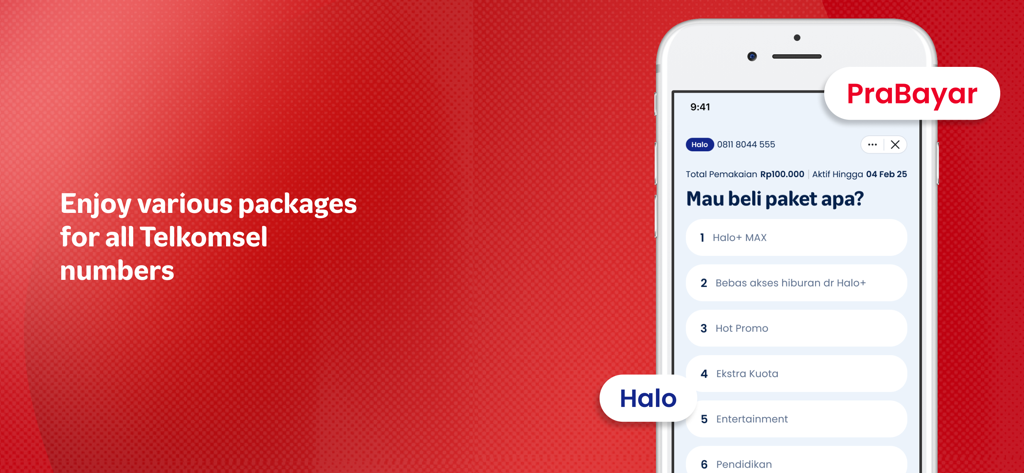 MyTelkomsel Basic - Smartphone mostrando un menú de paquetes de servicios en la aplicación MyTelkomsel Básico para números prepago y pospago.