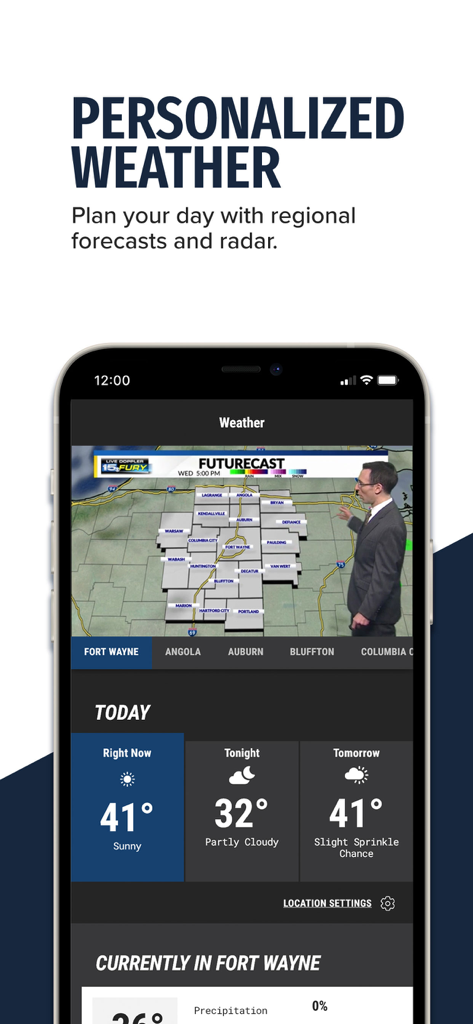 WANE 15 weather app screen showing personalized forecasts and regional radar map