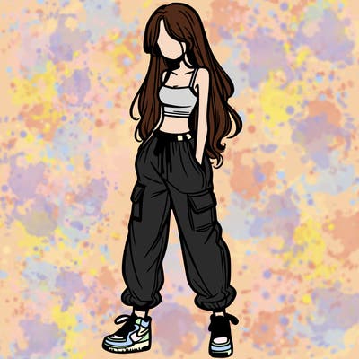 girl in baggy pants crop top and long hair