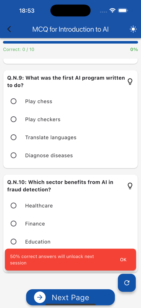 Learn AI (LA) - Pantalla de cuestionario de opción múltiple en la aplicación móvil Aprende IA para la introducción a la inteligencia artificial.