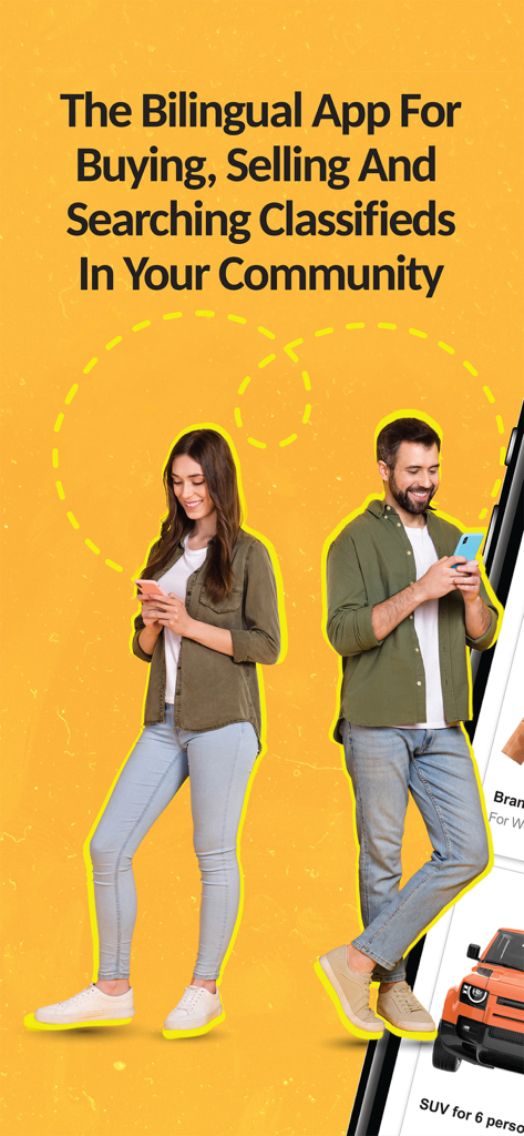 La Subasta: Latino Marketplace - Two people using the La Subasta bilingual app for local community classifieds