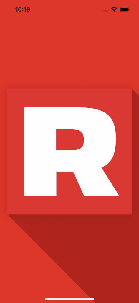 빨간색 배경에 흰색 R 로고가 특징인 Rumore Magazine 앱 스플래시 화면