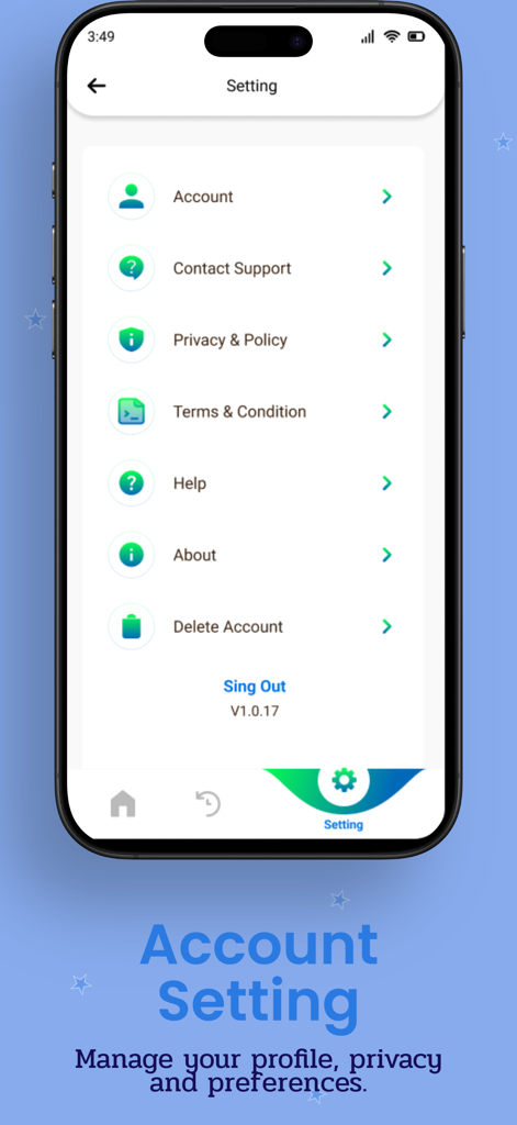 Easy Topup: Mobile Recharge - Settings menu of the Easy Topup app for managing account profile and privacy