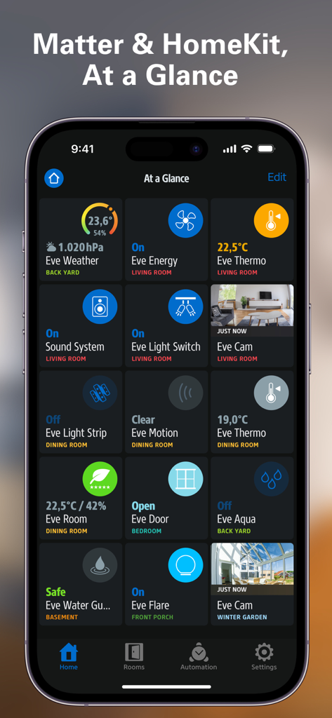Eve for Matter & HomeKit - Eve for Matter and HomeKit app interface showing smart home device statuses at a glance