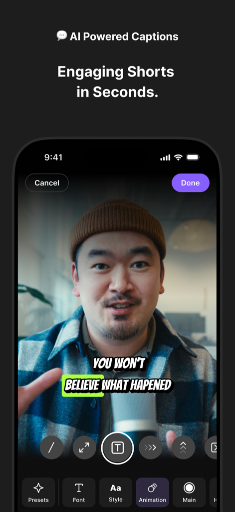 Riverside Podcast Video Studio - Interfaccia dell'app Riverside che mostra didascalie generate dall'intelligenza artificiale per brevi video