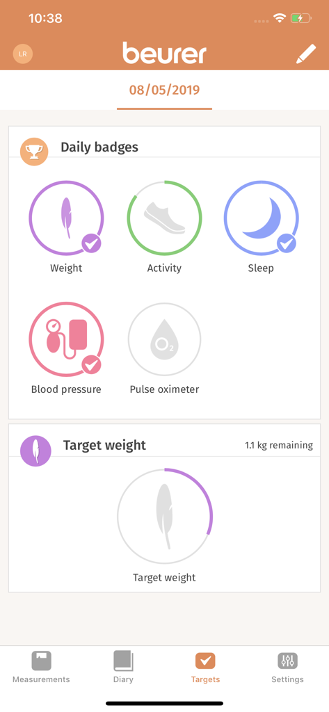 beurer healthmanager app dashboard showing daily health badges and target weight progress