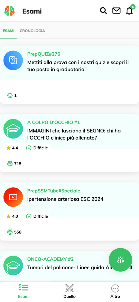 Interfaccia dell'app prepSSM che mostra un elenco di categorie di esami medici e quiz per la preparazione alla specializzazione