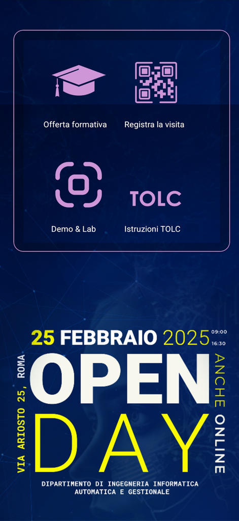 Menú principal de la aplicación móvil Día Abierto DIAG 2025 con iconos para la oferta de cursos, registro de visitas y detalles del evento.