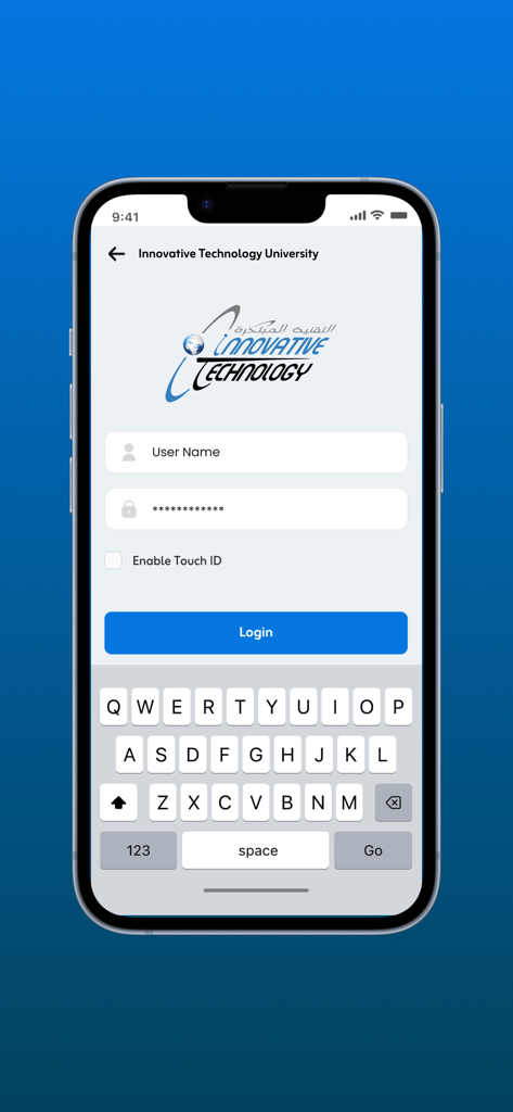 QQ (Quality Questions) - Login screen of the QQ Quality Questions app for Innovative Technology University with fields for username and password