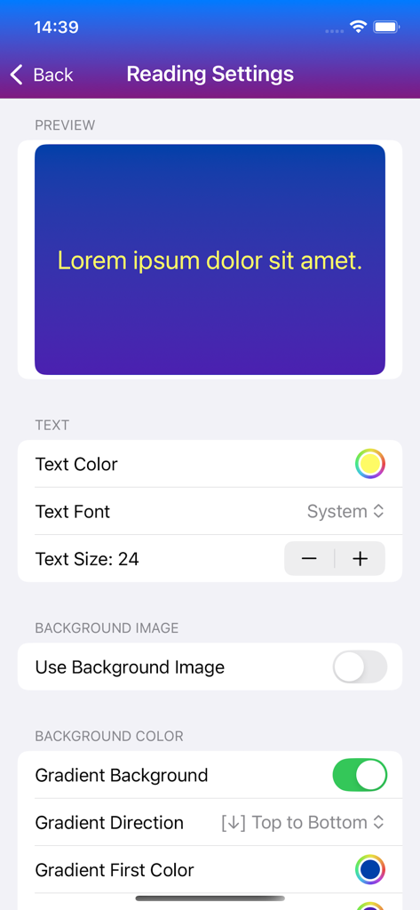 Speed Reading App - Speed Reading Appのカスタマイズ可能な読書設定画面。テキストと背景色のオプションが表示されています