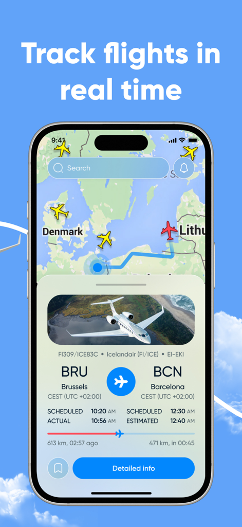 Sky Radar | Plane Finder - Sky Radar mobile app interface showing a real time flight map and detailed flight status for a trip from Brussels to Barcelona