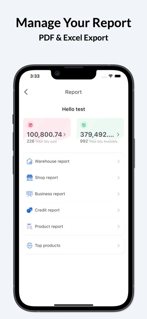 Naye Inventory Management App - Naye Inventory Management App report dashboard showing warehouse shop and business report categories with PDF and Excel export options