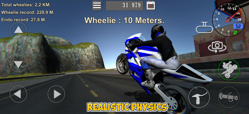 Wheelie King 3D - Una motocicleta realizando una acrobacia de caballito en una carretera con montañas de fondo del juego Wheelie King 3D