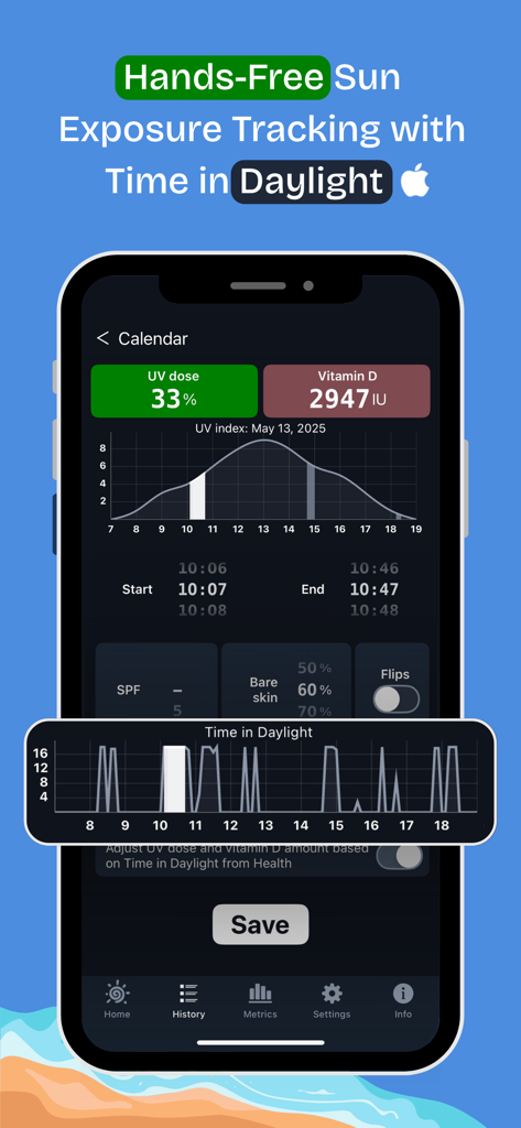 Sola: UV Index & Sun Exposure - Sola app history screen showing UV dose and Vitamin D levels with Time in Daylight tracking graphs