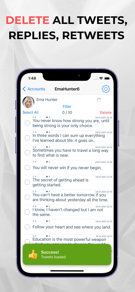 Tweet Cleaning - Delete Tweets - Mobile app interface showing a list of tweets with a delete button and success notification for loading posts
