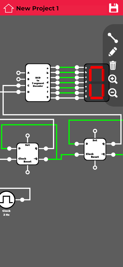 Logic Circuit Simulator - Interfaz del Simulador de Circuitos Lógicos mostrando un decodificador BCD conectado a una pantalla de siete segmentos y flip flops.