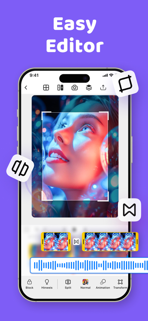 Zoomerang - Ai Video Maker - Una pantalla de smartphone que muestra la interfaz del Editor Fácil de Zoomerang con herramientas de línea de tiempo de vídeo y un retrato vibrante que se está editando