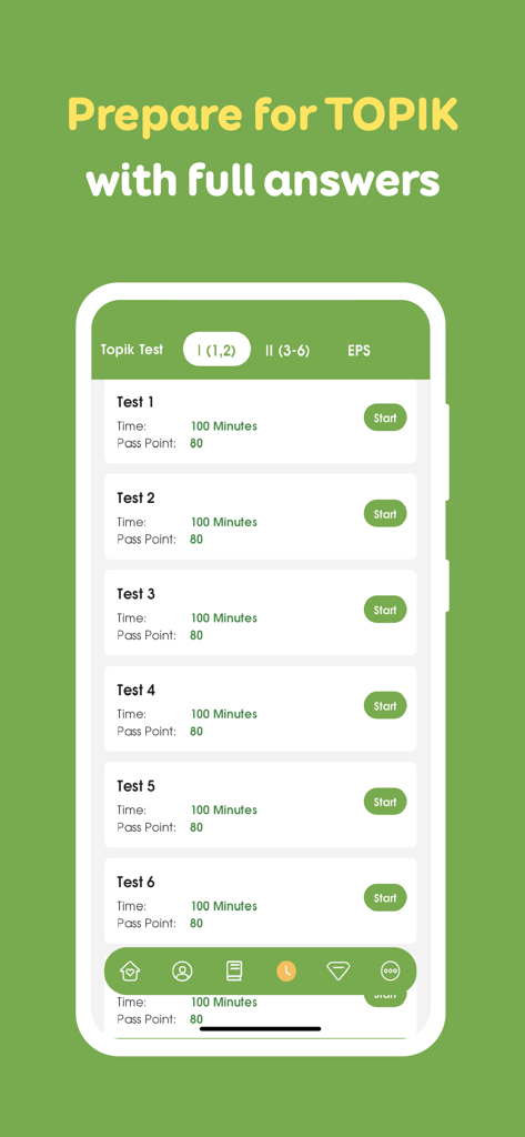 Learn Korean, Hangul: HeyKorea - HeyKorea App-Bildschirm, der eine Liste von TOPIK-Mock-Tests und Vorbereitungsmaterialien anzeigt