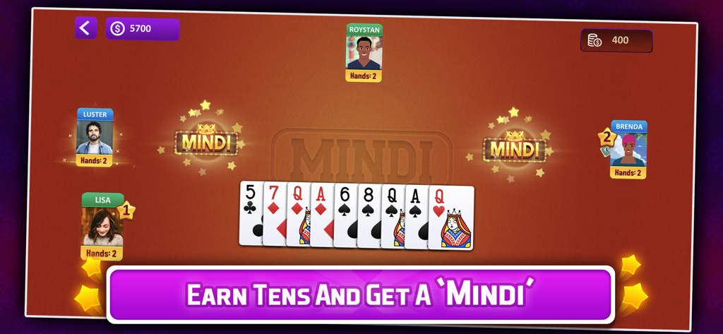 Écran de jeu du jeu de cartes en ligne Mindi avec quatre joueurs et une main de cartes