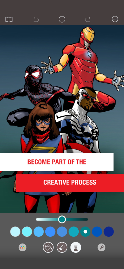 Marvel Color Your Own app interface showing Ms. Marvel, Captain America, Spider-Man, and Iron Man with coloring tools.