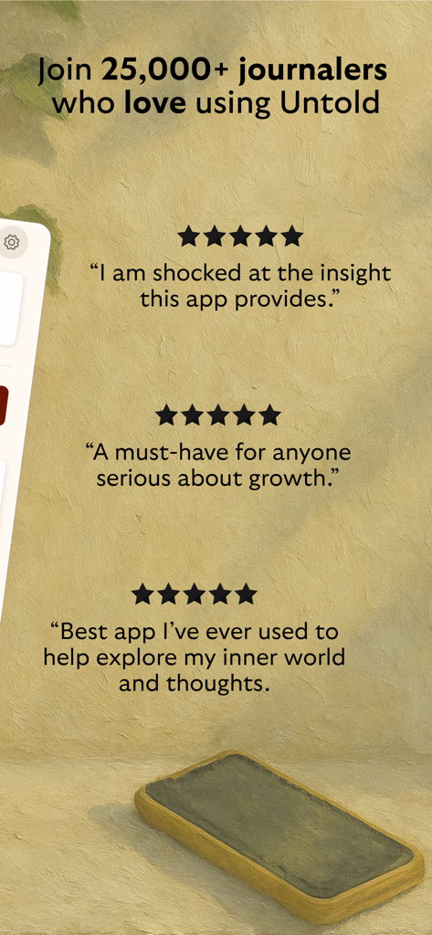 untold voice journal app testimonials showing three five star ratings and positive user feedback about personal growth and insights