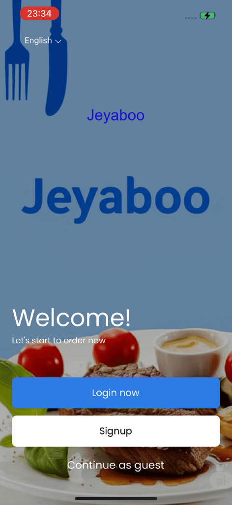 Jeyaboo - Jeyaboo 배달 앱의 환영 화면, 로그인 및 게스트 결제 옵션 포함