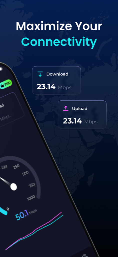 インターネットのダウンロードおよびアップロード速度テスト結果を示すスマートフォンの画面。