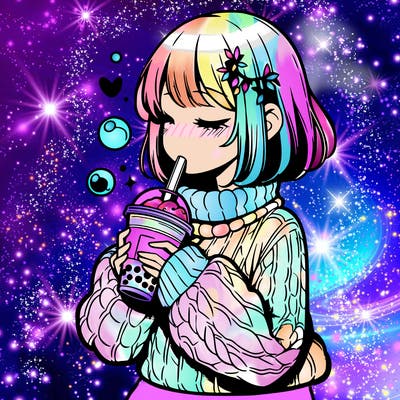 manga girl drinking boba in cozy sweater