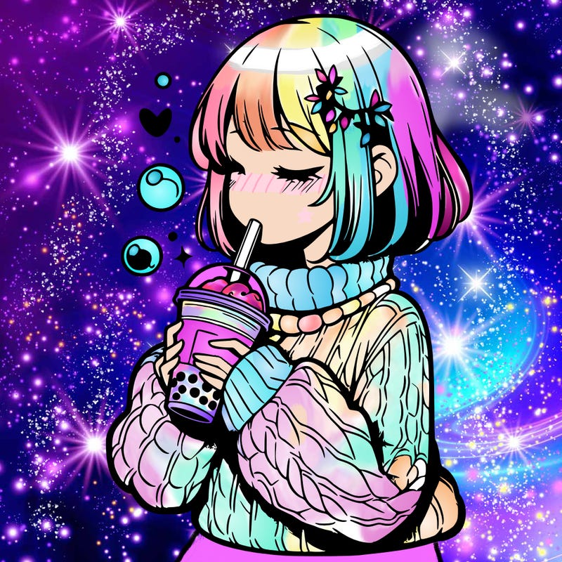 manga girl drinking boba in cozy sweater