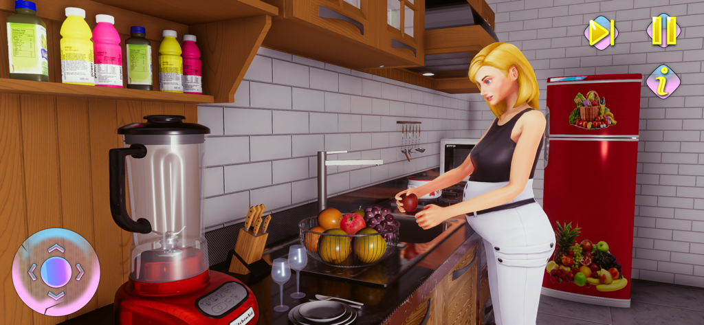 Pregnant Mommy Pregnancy Life - Una mamá embarazada virtual en una cocina cogiendo una manzana de un frutero para una dieta saludable.