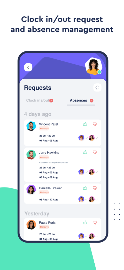 Mobile screen of the Sesame HR app showing a list of employee holiday and absence requests for management approval