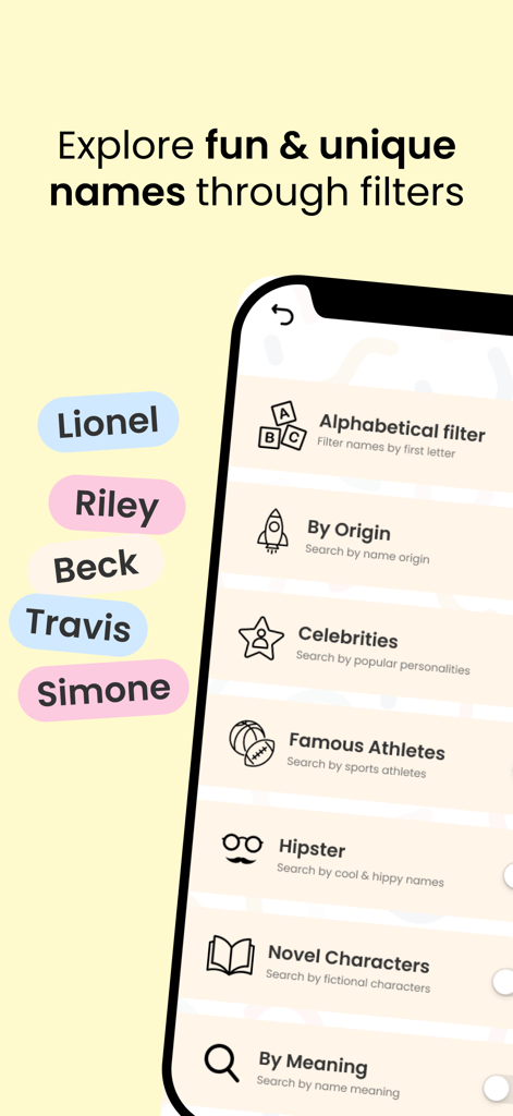Baby Name Match - Ein Bildschirm der Baby Name Match App, der verschiedene Filter zum Finden einzigartiger Babynamen nach Herkunft oder Thema zeigt.
