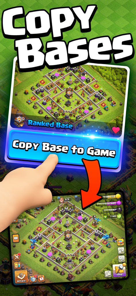 Una interfaz móvil que muestra la función para copiar un diseño de base de Clash of Clans directamente al juego