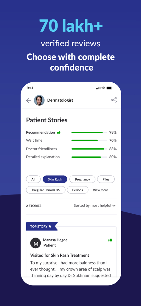 Practo - Consult Doctor Online - Practo app screen showing verified patient reviews and ratings for a dermatologist