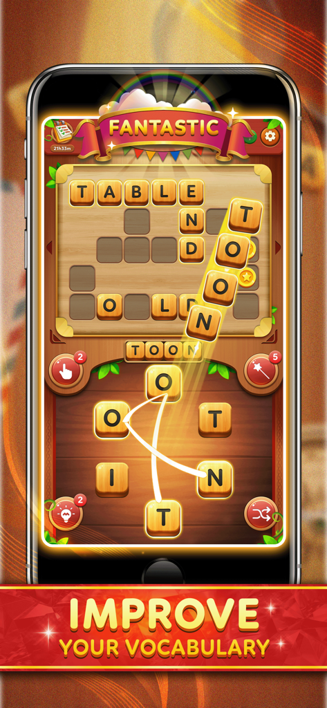 Word Hidden Games - Jogabilidade de Palavras Escondidas mostrando um quebra-cabeça de palavras cruzadas e deslizando letras para melhorar o vocabulário