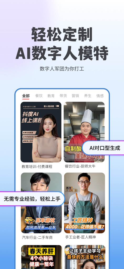 DoDu AI - Interfaz de la aplicación DoDu AI mostrando una variedad de modelos humanos digitales de IA personalizables para contenido de marketing y redes sociales.