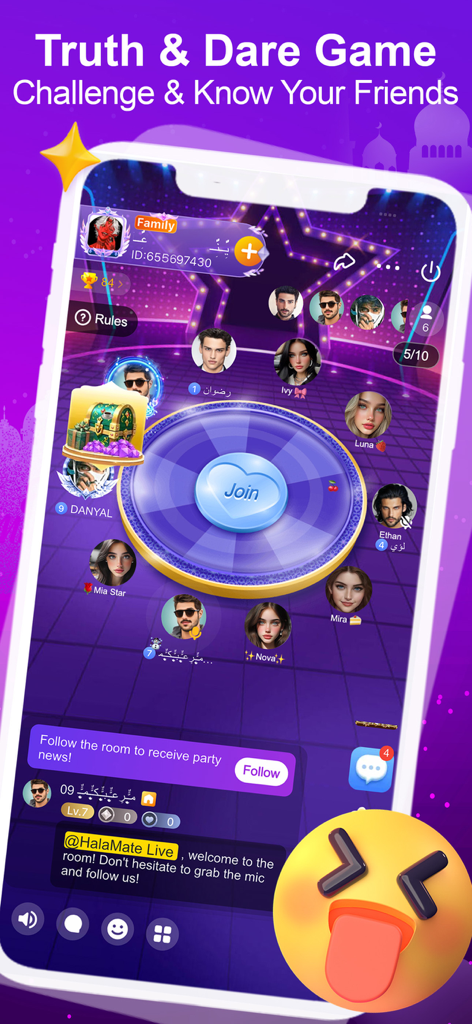 HalaMe app interface showing the Truth and Dare game within a group voice chat room